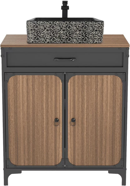 PULUOMIS Bathroom Vanity, 30" Bathroom Vanity with Sink Combo Set, Brown Modern Wood Bathroom Cabinet with Black Ceramic Bathroom Sink