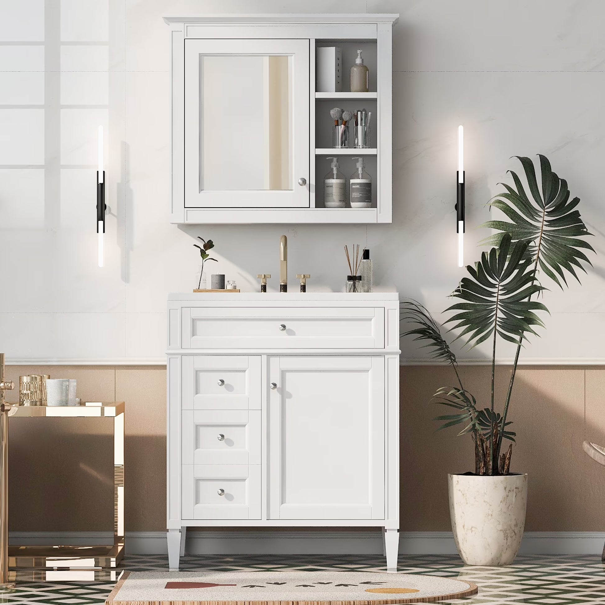 30'' Bathroom Vanity with Top Sink, Freestanding Vanity Set with Mirror Cabinet,Green