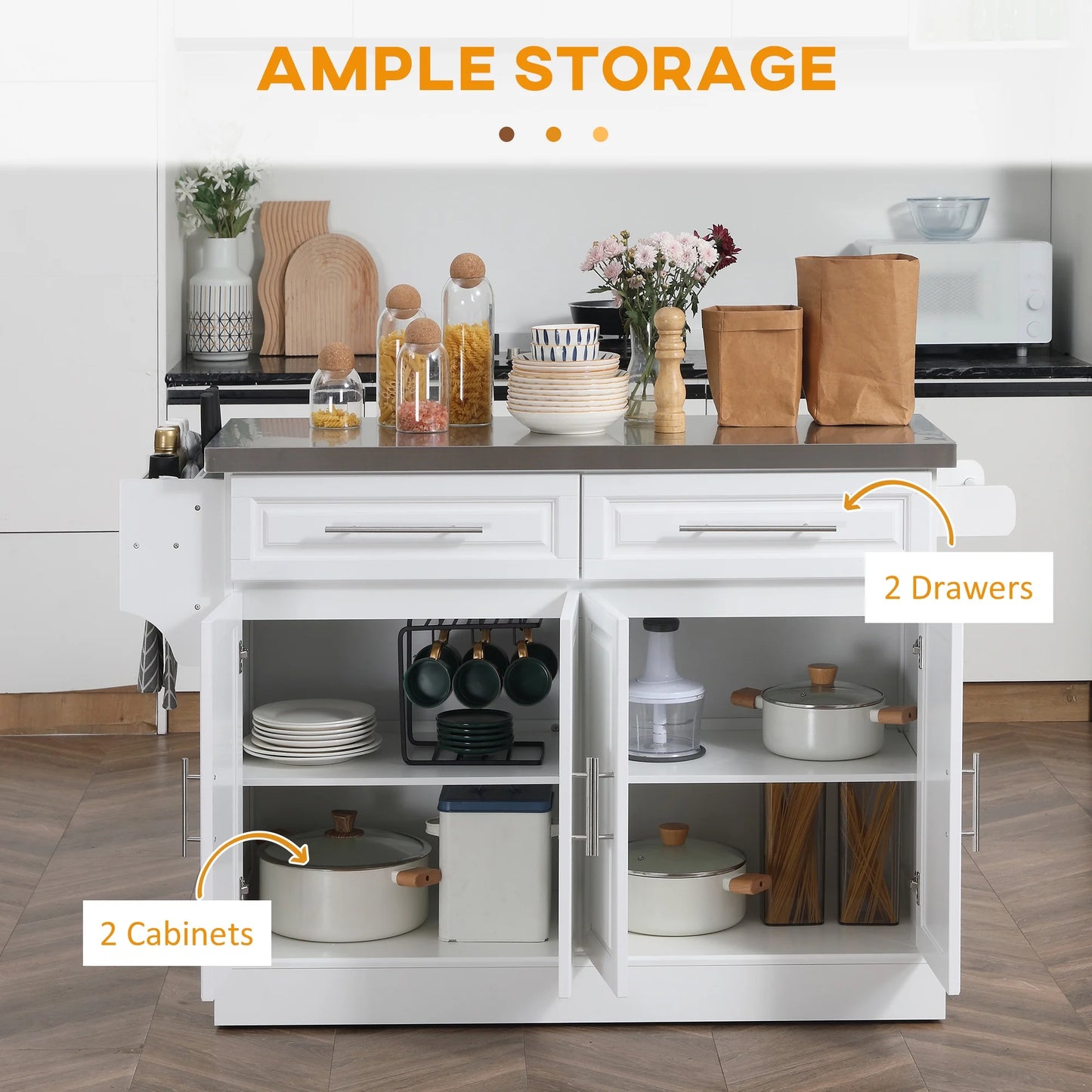 HOMCOM Multi-functional Rolling Kitchen Island Cart with Cabinets and Drawers, Portable Kitchen Storage Cabinet with Spice Rack, Towel Rack, Knife Rack, Steel Top