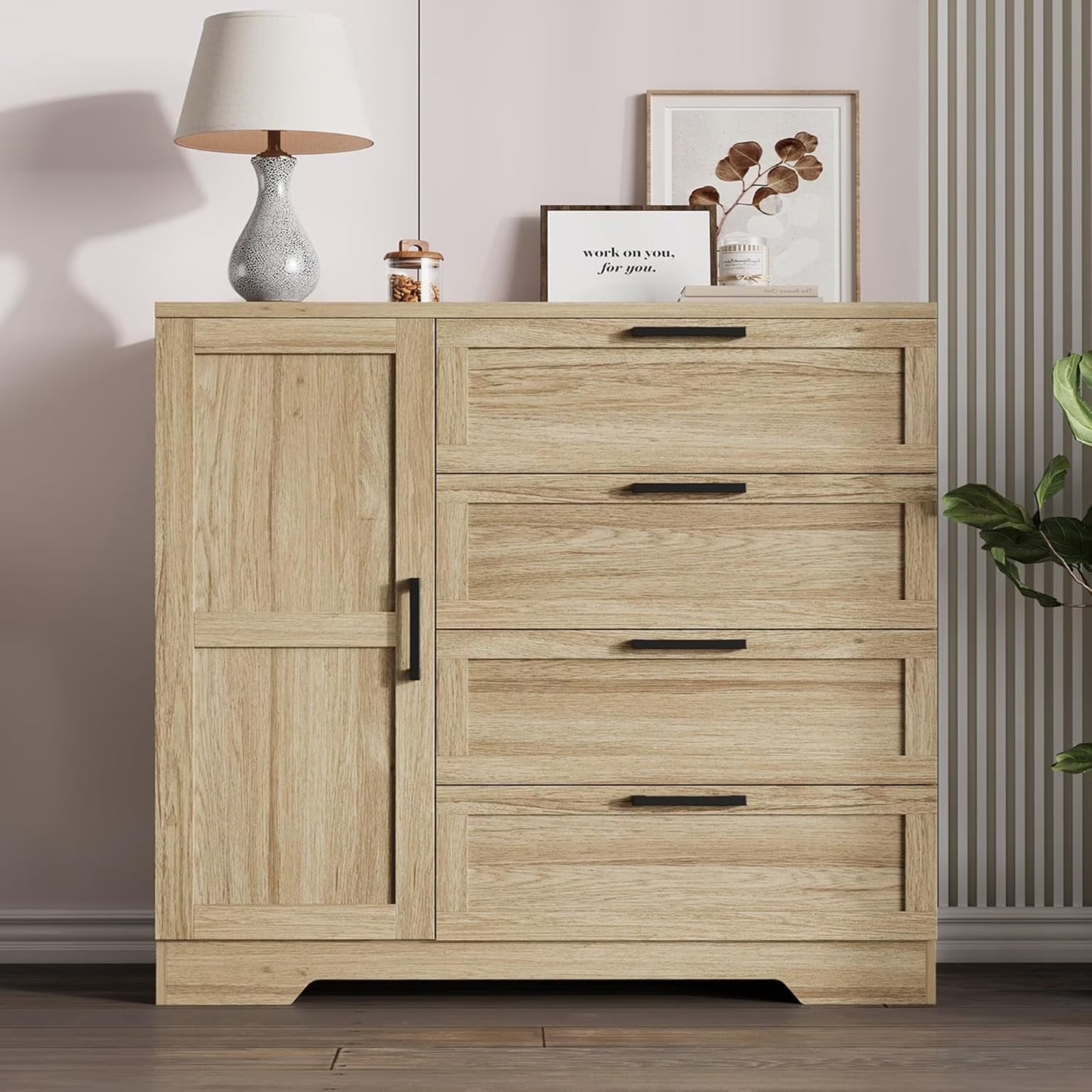 43.3" H Armoire Wardrobe Closet with 4 Drawers & Hanging Rod, Multifunctional Wood Storage Cabinet for Bedroom, Natural Oak