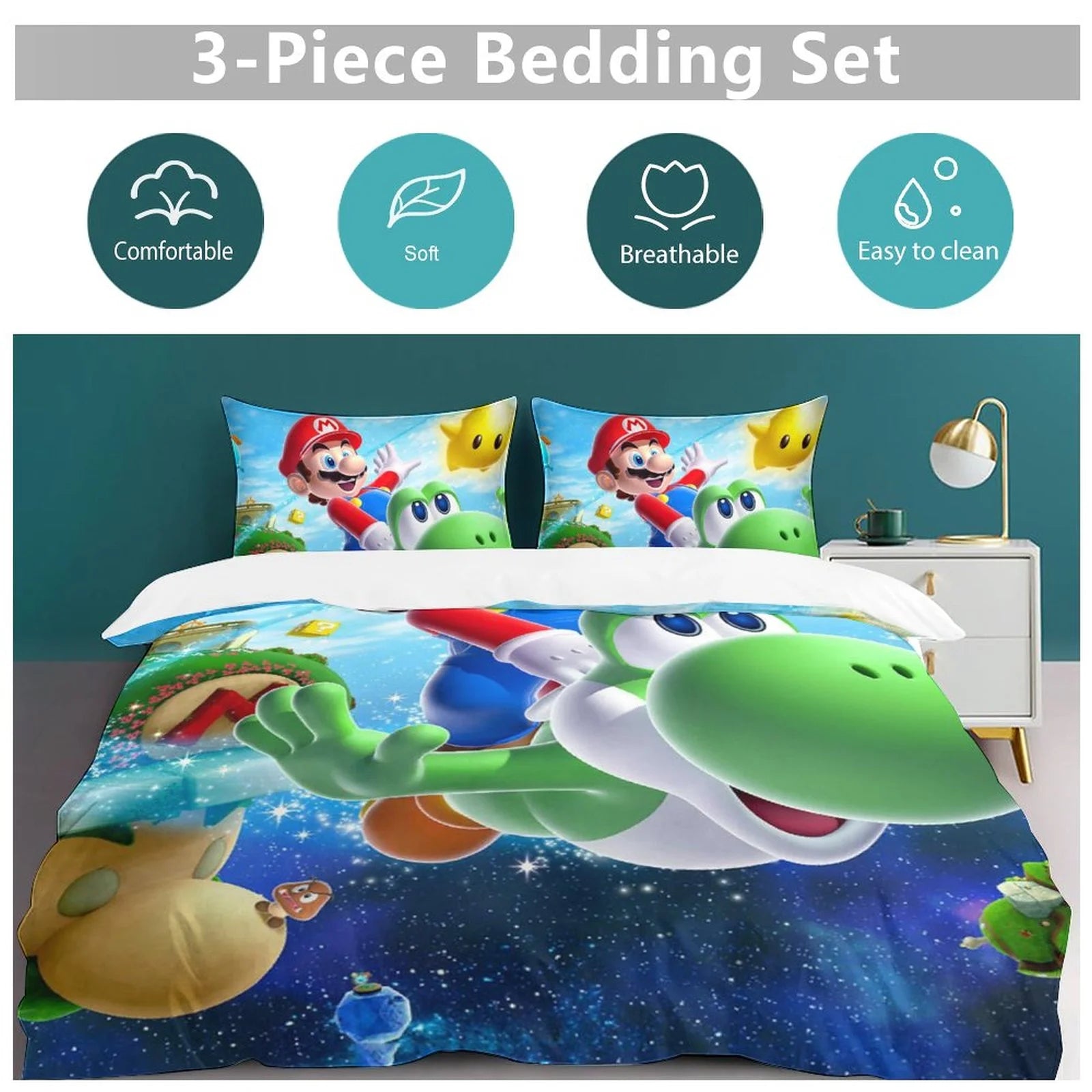 Super Mario Galaxy 3 Piece Bedding Sets Decor Comforter Sets With One Duvet Cover Two Pillow Shams