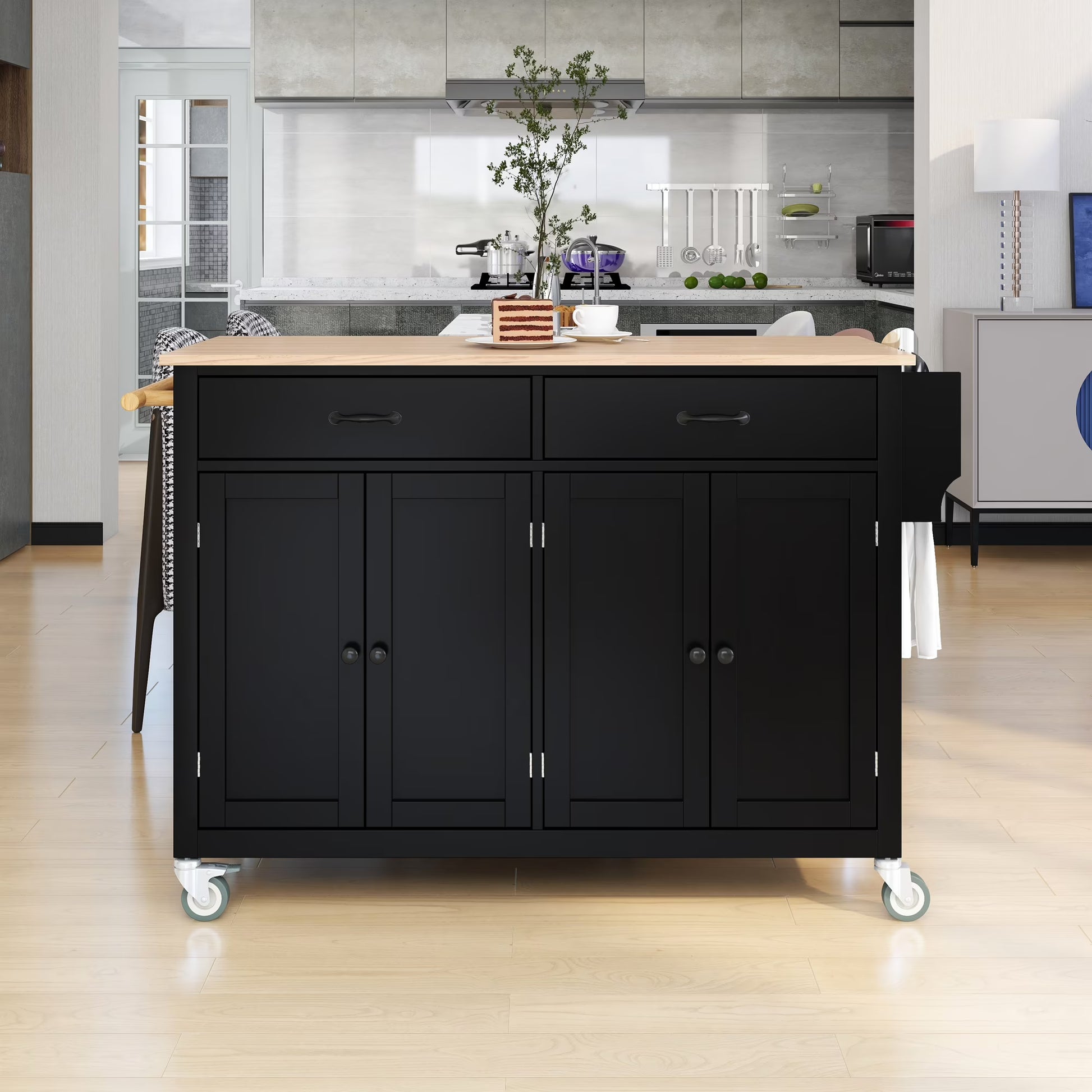 Kitchen Island Cart with Drop-Leaf Tabletop and Locking Wheels, 52.7" Large Kitchen Trolley Cart with 2 Door Cabinet and 3 Storage Drawers, Spice Rack Towel Rack, Rolling Kitchen Island Cart, White