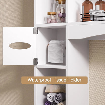Over the Toilet Storage Cabinet , Bathroom Cabinet with 6 Open Shelves & Waterproof Tissue Holder - Upgraded White