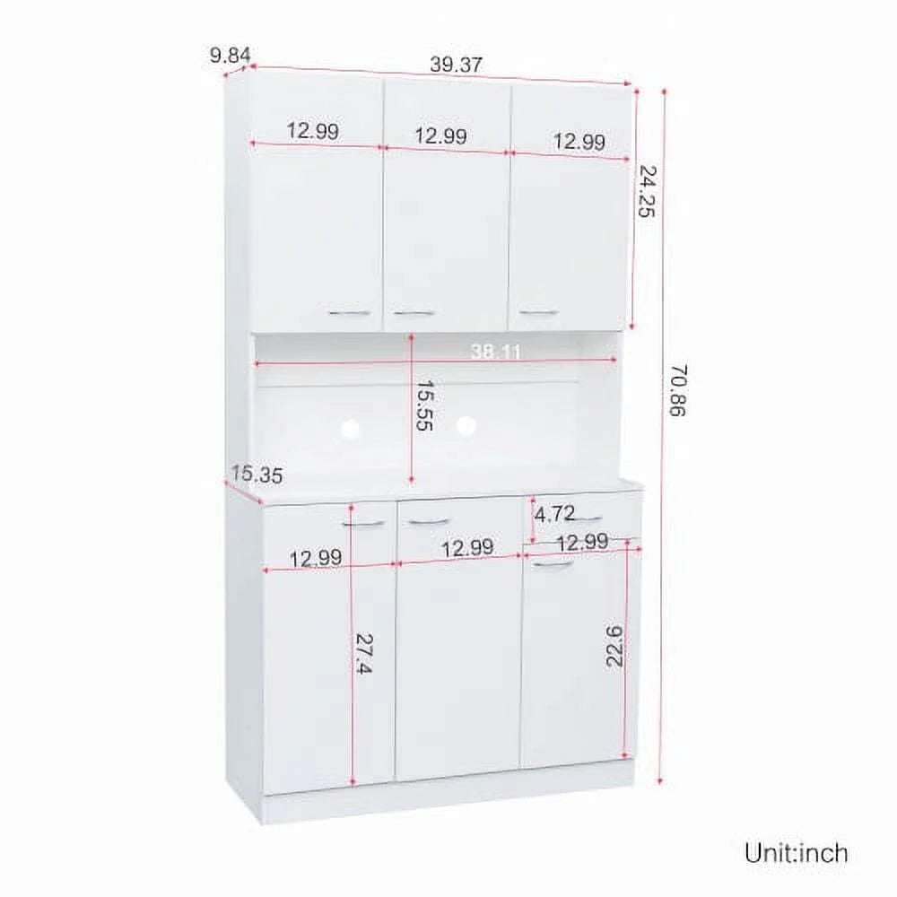 71" Tall Kitchen Storage Cabinet, Freestanding Kitchen Pantry Cabinet Cupboard with 6 Doors, 1 Open Shelf and 1 Drawer, Wood Storage Wardrobe, Organization Cabinet for Bedroom Kitchen Living Room