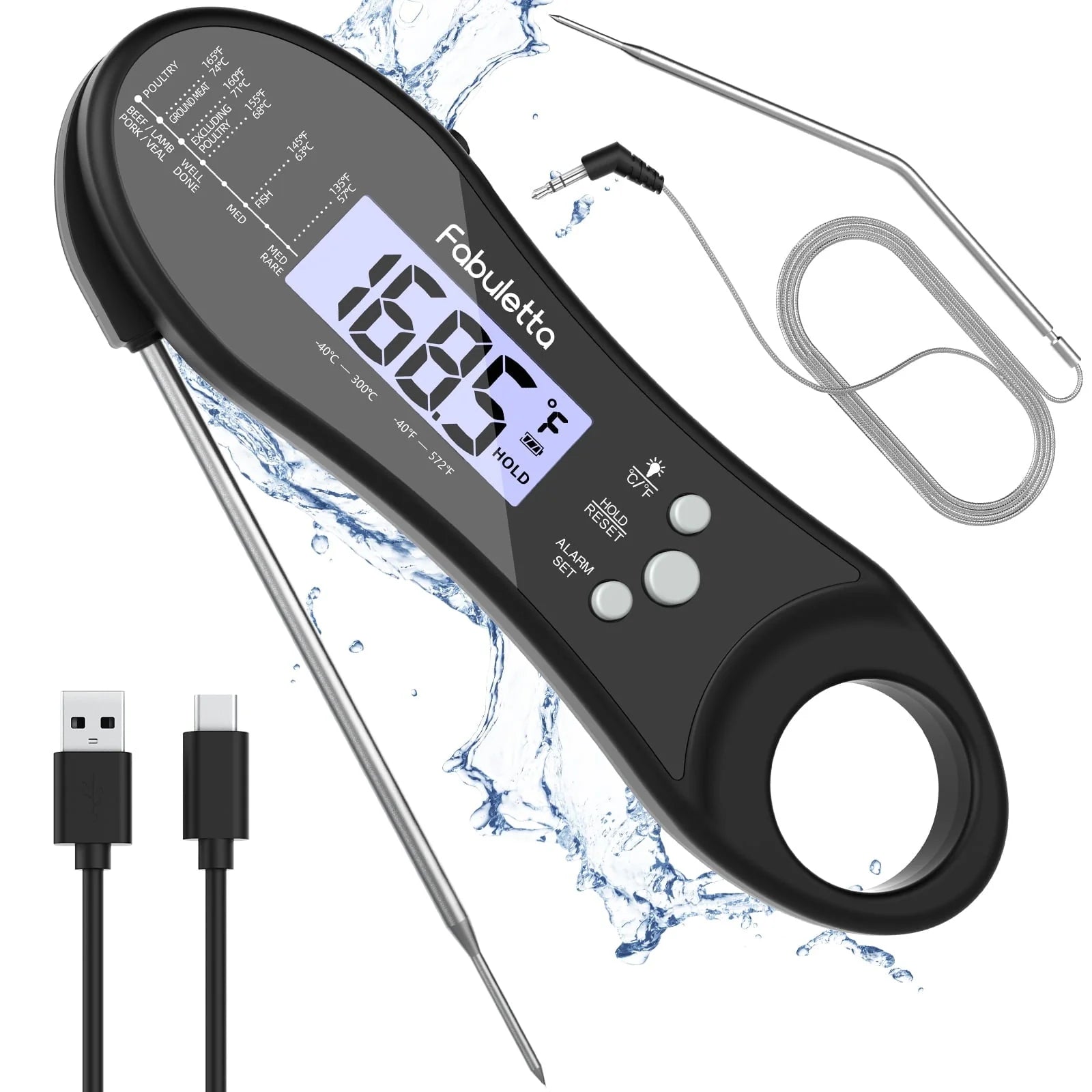Fabuletta Rechargeable Digital Meat Thermometer - Dual Probe Instant Read Thermometer with Alarm Waterproof Kitchen Food Thermometer for Cooking, Grill, BBQ, Smoker, Candy, Liquids and Oil Frying