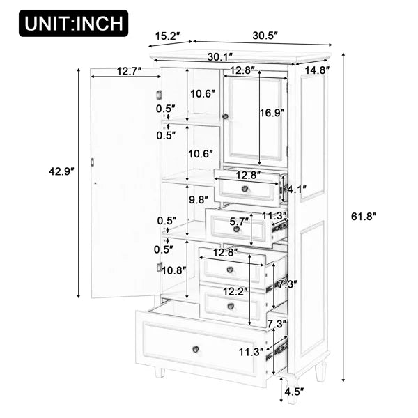 Tall White Storage Cabinet with 4 Drawers & Adjustable Shelves Multi-Functional Organizer for Bathroom, Office, Living Room Solid Pine & MDF (61.8" Height)