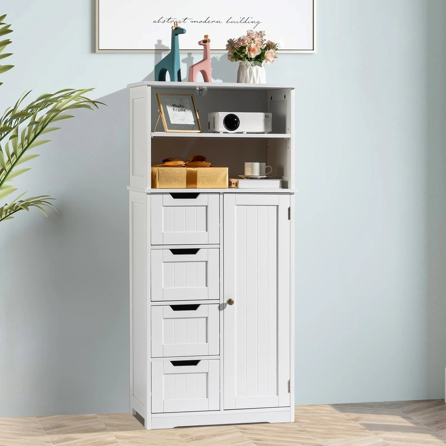 Ktaxon Freestanding Bathroom Floor Cabinet, Multipurpose Storage Cabinet with 4 Drawers, 1 Cupboard & Adjustable Shelves for Kitchen Living Room Bedroom, White