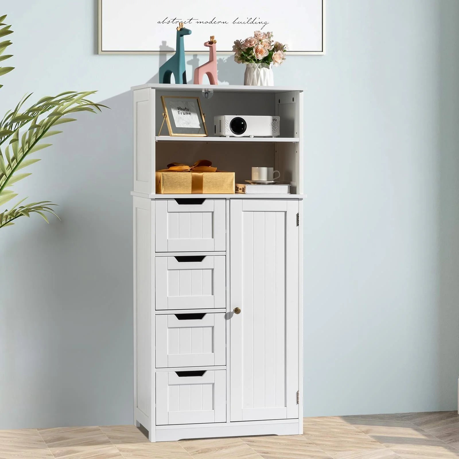 Ktaxon Freestanding Bathroom Floor Cabinet, Multipurpose Storage Cabinet with 4 Drawers, 1 Cupboard & Adjustable Shelves for Kitchen Living Room Bedroom, White