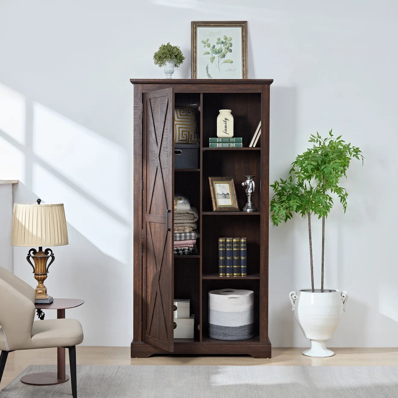 Kselythan 74" Tall Storage Cabinet, Large Kitchen Pantry with Barn Door and Opening Shelves, Freestanding Cabinet for Kitchen Bathroom Living Room