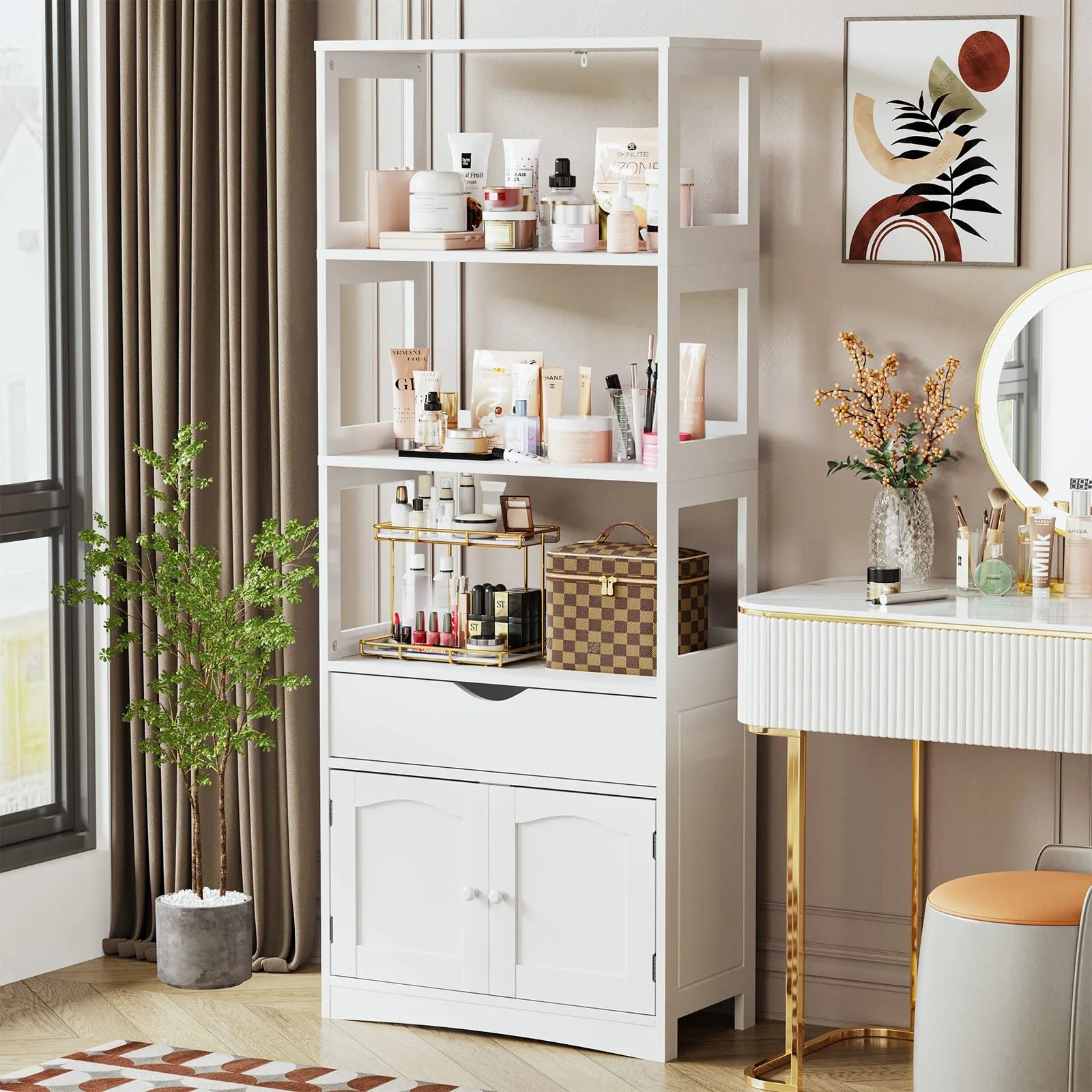 Kitchen Sideboard Pantry Cabinet Tall Freestanding Storage Cabinets with Shelves and Drawer for Bathroom Home Office, White