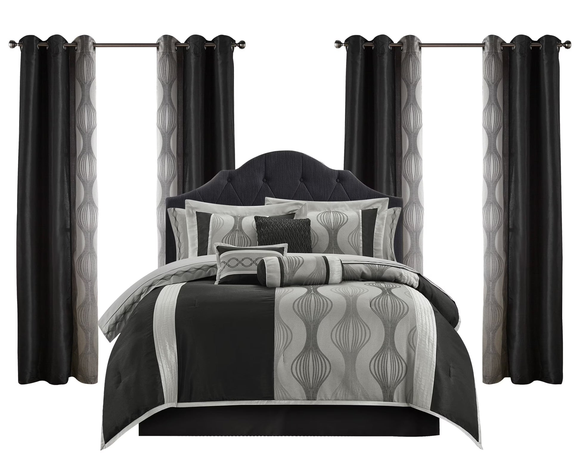 Lanco Black Silver Comforter Set , California King Size , 7 Pieces Fashion Jacquard Bedding Set