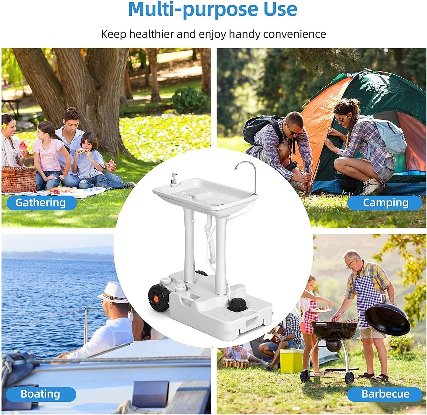 Portable Camping Sink with Rolling Wheels, Hand Washing Station with 30 L Water Capacity, Soap Dispenser, Towel Holder, Ideal for Outdoor Camping