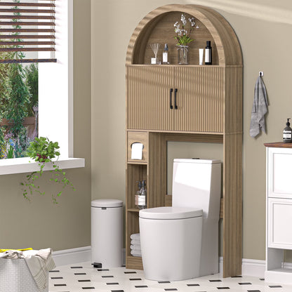 HARIPUL Over The Toilet Storage Cabinet w/Unique Wood Grain & Arc Design, Freestanding Bathroom Shelf Organizer Space Saver w/Doors & Anti-Tip Device, Wood Color