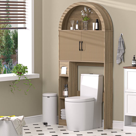 HARIPUL Over The Toilet Storage Cabinet w/Unique Wood Grain & Arc Design, Freestanding Bathroom Shelf Organizer Space Saver w/Doors & Anti-Tip Device, Wood Color