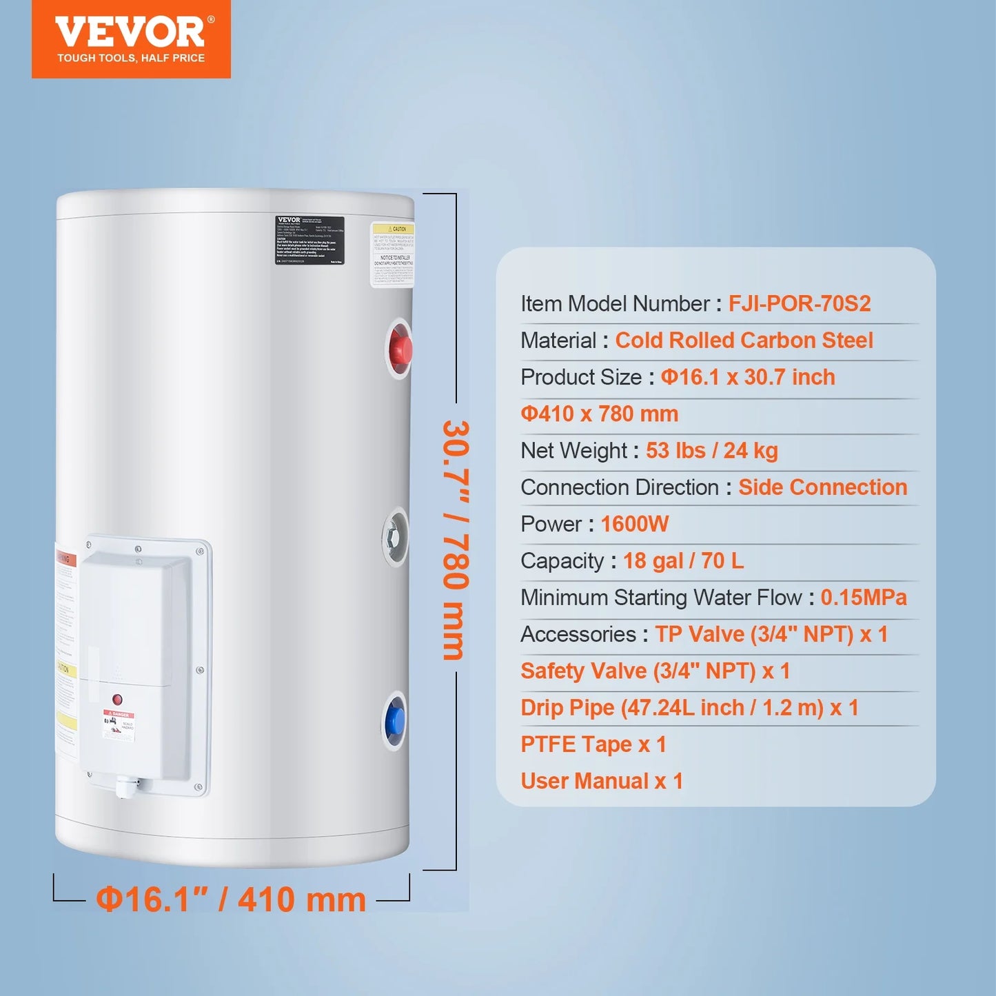 VEVOR Electric Water Heater, 18 Gallon Tank Instant Hot Water Heater, 1.6Kw Tankless Water Heater w/LED Display,Knob Control, IPX4 Waterproof Side Connection On Demand Heaters for Shower, Bath