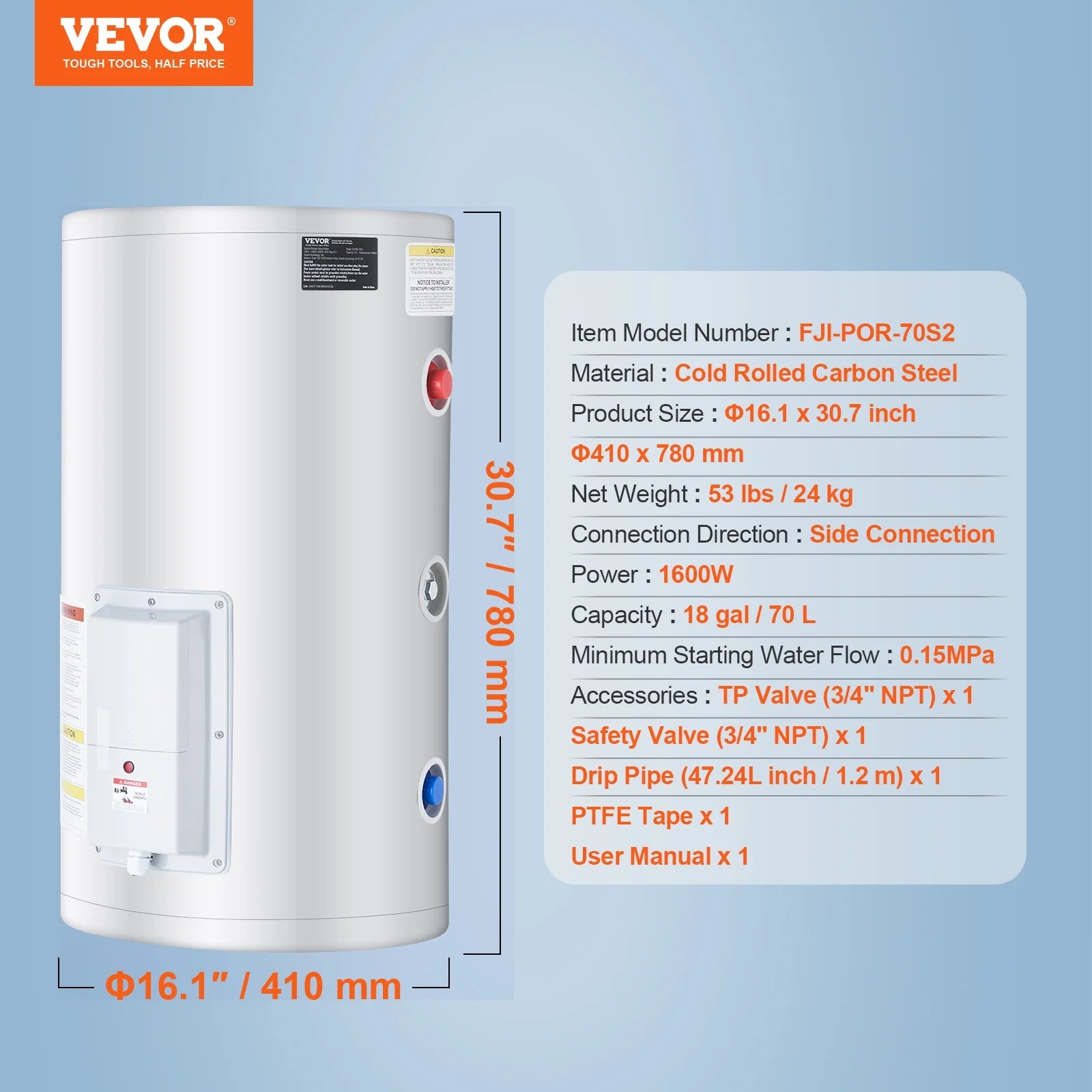 VEVOR Electric Water Heater, 18 Gallon Tank Instant Hot Water Heater, 1.6Kw Tankless Water Heater w/LED Display,Knob Control, IPX4 Waterproof Side Connection On Demand Heaters for Shower, Bath