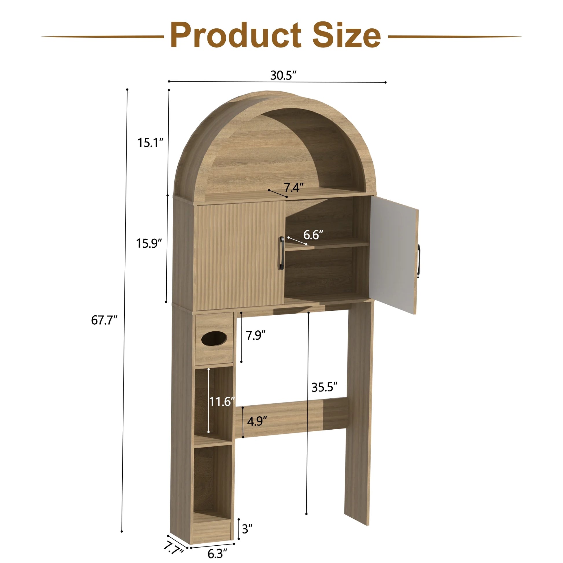 HARIPUL Over The Toilet Storage Cabinet w/Unique Wood Grain & Arc Design, Freestanding Bathroom Shelf Organizer Space Saver w/Doors & Anti-Tip Device, Wood Color