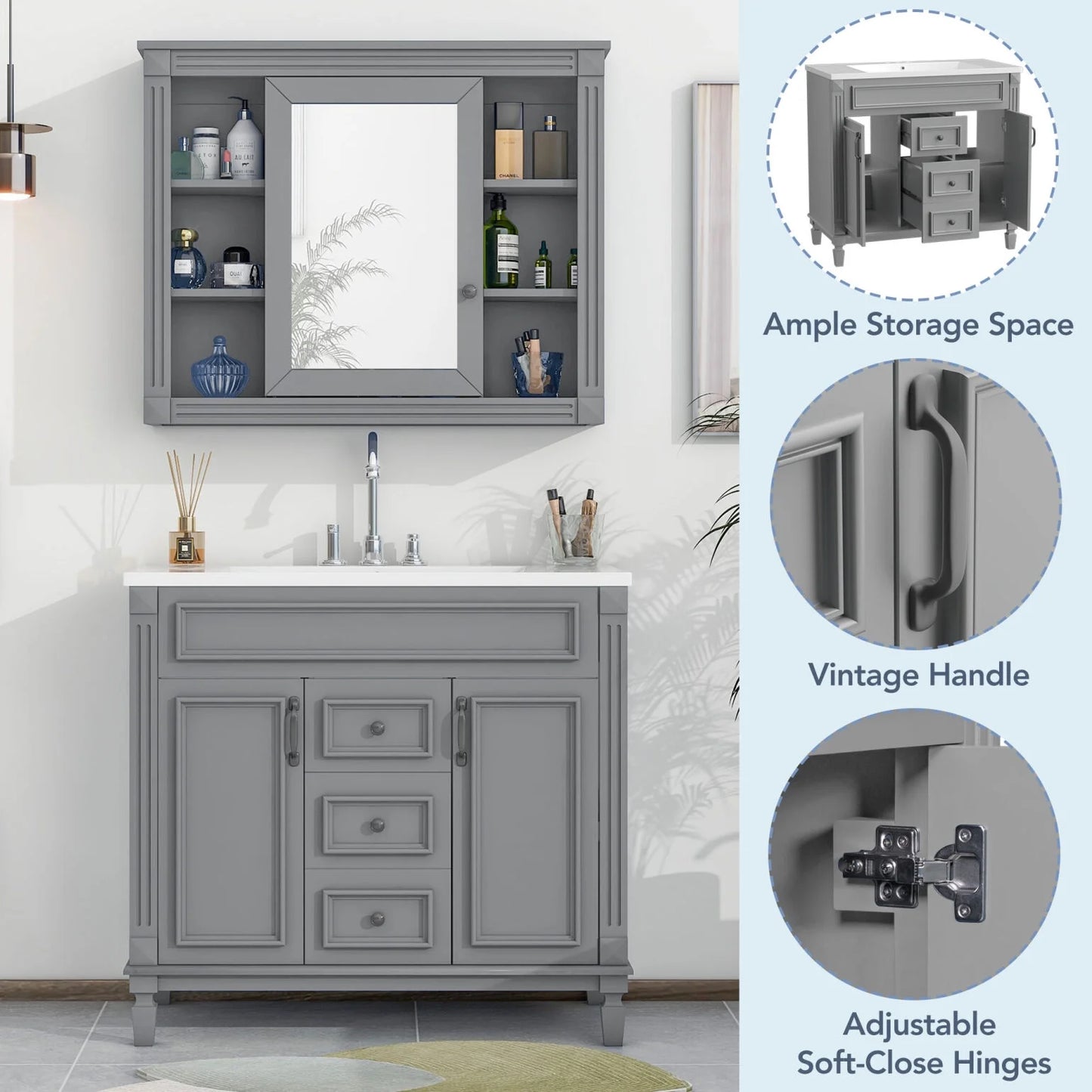 Modern Bathroom Furniture Set, 36" Bathroom Vanity with Top Sink, 35" Wall Mounted Bathroom Storage Cabinet, Mirror Cabinet with 6 Shelves, Storage Cabinet with 2 Doors and 2 Drawers, Grey