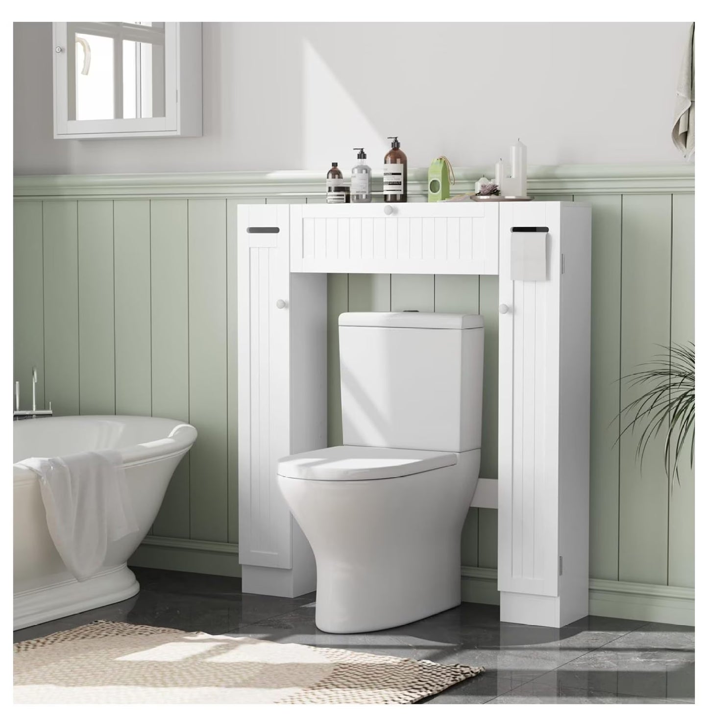 Over The Toilet Storage Cabinet, Bathroom Space Saver with Paper Holder and Adjustable Shelves, Freestanding Toilet Cabinet Organizer with 2 Side Doors and Pull-Down Door, White