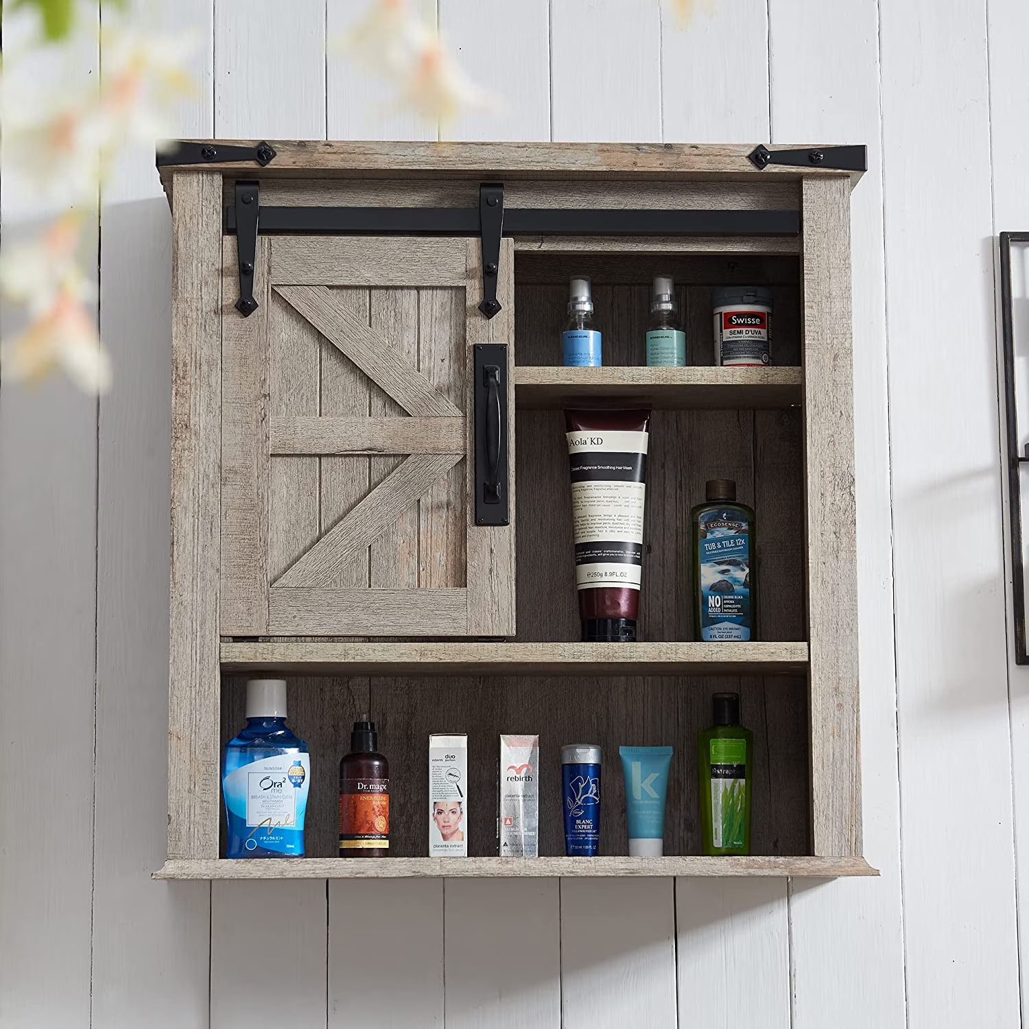 OKD Wall Storage Cabinet with Barn Door & 3 Shelves Farmhouse Wooden Bathroom Wall Mounted Medicine Cabinet Organizer Spacesaver for Kitchen Laundry Room Hotels Home, Light Rustic Oak
