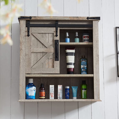 OKD Wall Storage Cabinet with Barn Door & 3 Shelves Farmhouse Wooden Bathroom Wall Mounted Medicine Cabinet Organizer Spacesaver for Kitchen Laundry Room Hotels Home, Light Rustic Oak