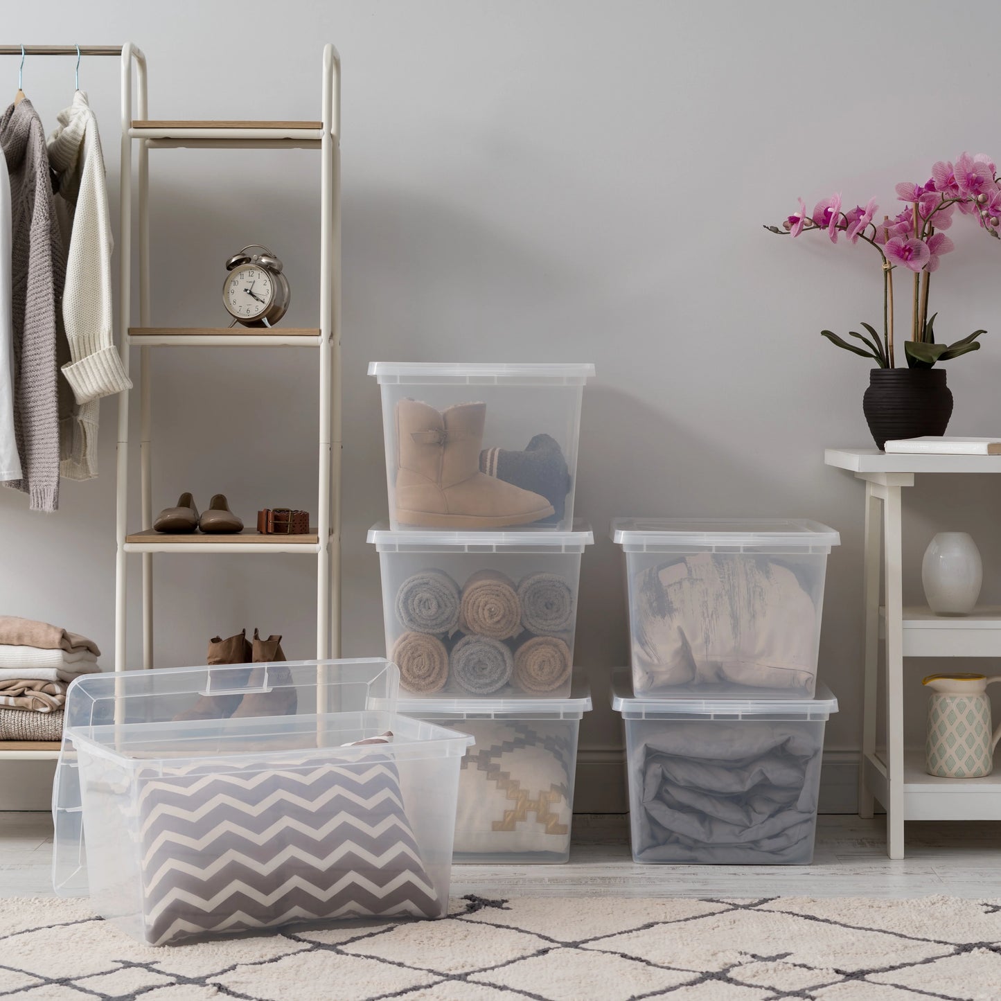 IRIS USA 58 Qt Clear Storage Box, BPA-Free Plastic Stackable Bin with Lid, Containers to Organize Closet Shelves, Clothes, Blankets, Towels, 6 Pack