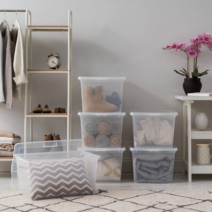 IRIS USA 58 Qt Clear Storage Box, BPA-Free Plastic Stackable Bin with Lid, Containers to Organize Closet Shelves, Clothes, Blankets, Towels, 6 Pack