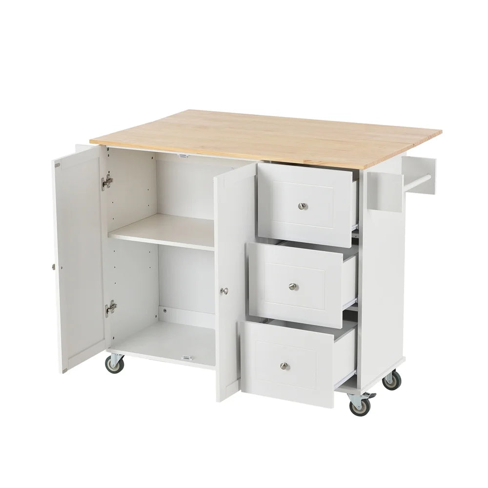 Kitchen Island Cart with Drop-Leaf Tabletop and Locking Wheels, 52.7" Large Kitchen Trolley Cart with 2 Door Cabinet and 3 Storage Drawers, Spice Rack Towel Rack, Rolling Kitchen Island Cart, White