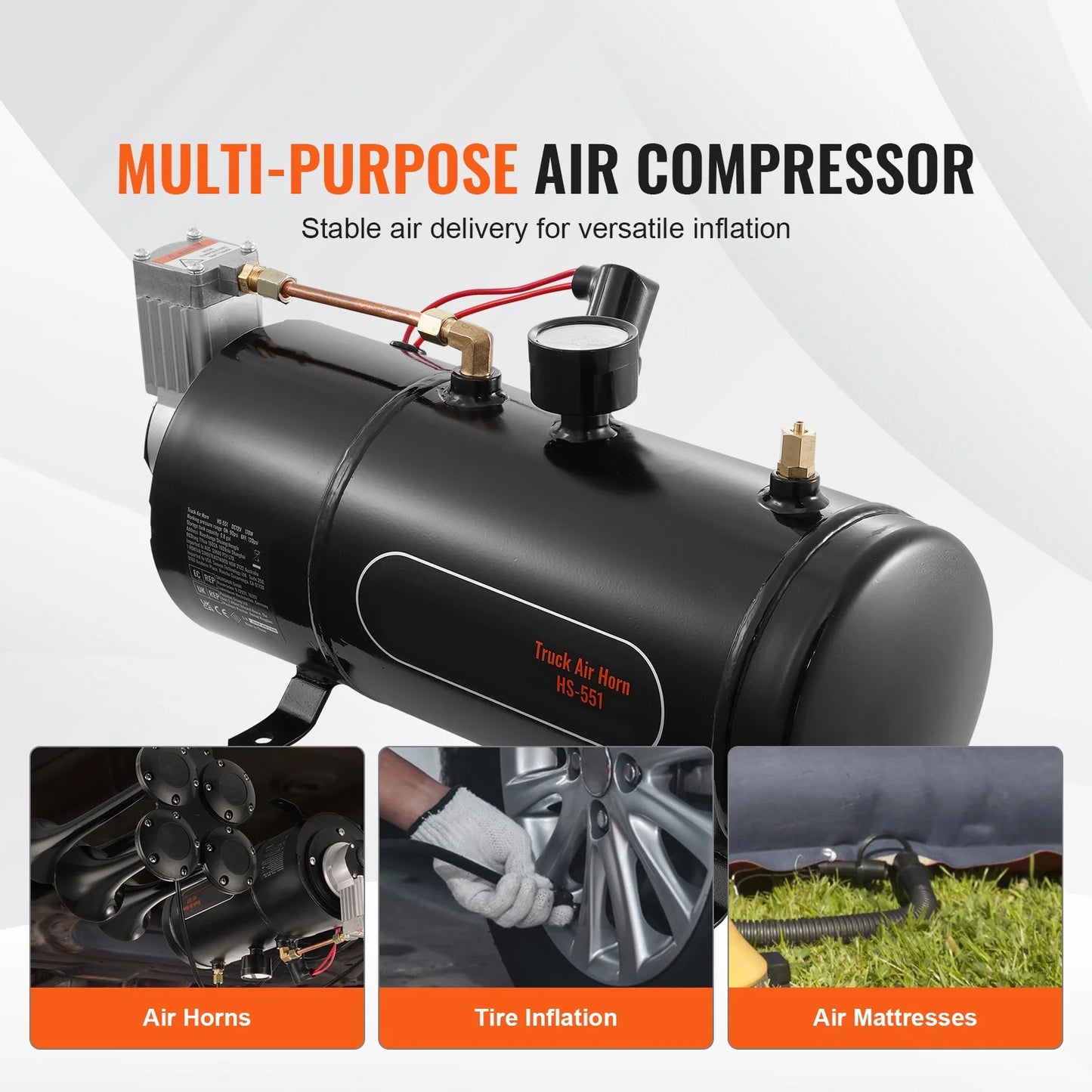 KFFKFF 12V Air Compressor System, 0.8 Gal/3L Tank, 120 psi, Ideal for Train Horns, Tire Inflation, and Air Mattresses, Onboard Compressor with Tank