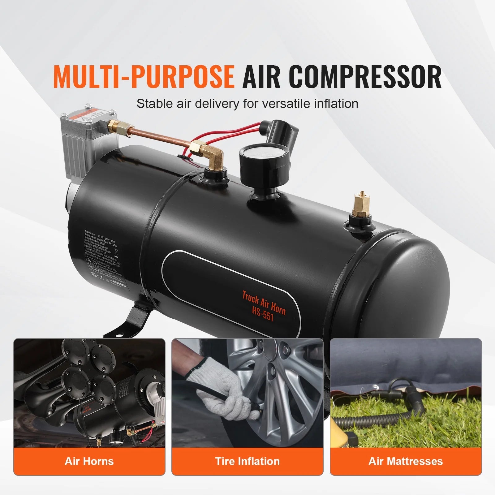 KFFKFF 12V Air Compressor System, 0.8 Gal/3L Tank, 120 psi, Ideal for Train Horns, Tire Inflation, and Air Mattresses, Onboard Compressor with Tank
