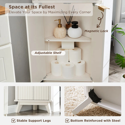 OKD 68" Tall Corner Storage Cabinet with Faux Marble Top and Adjustable Shelves Modern Pantry Curved Profile Bookshelf for Bathroom Kitchen Living Room Dining Room, Off White