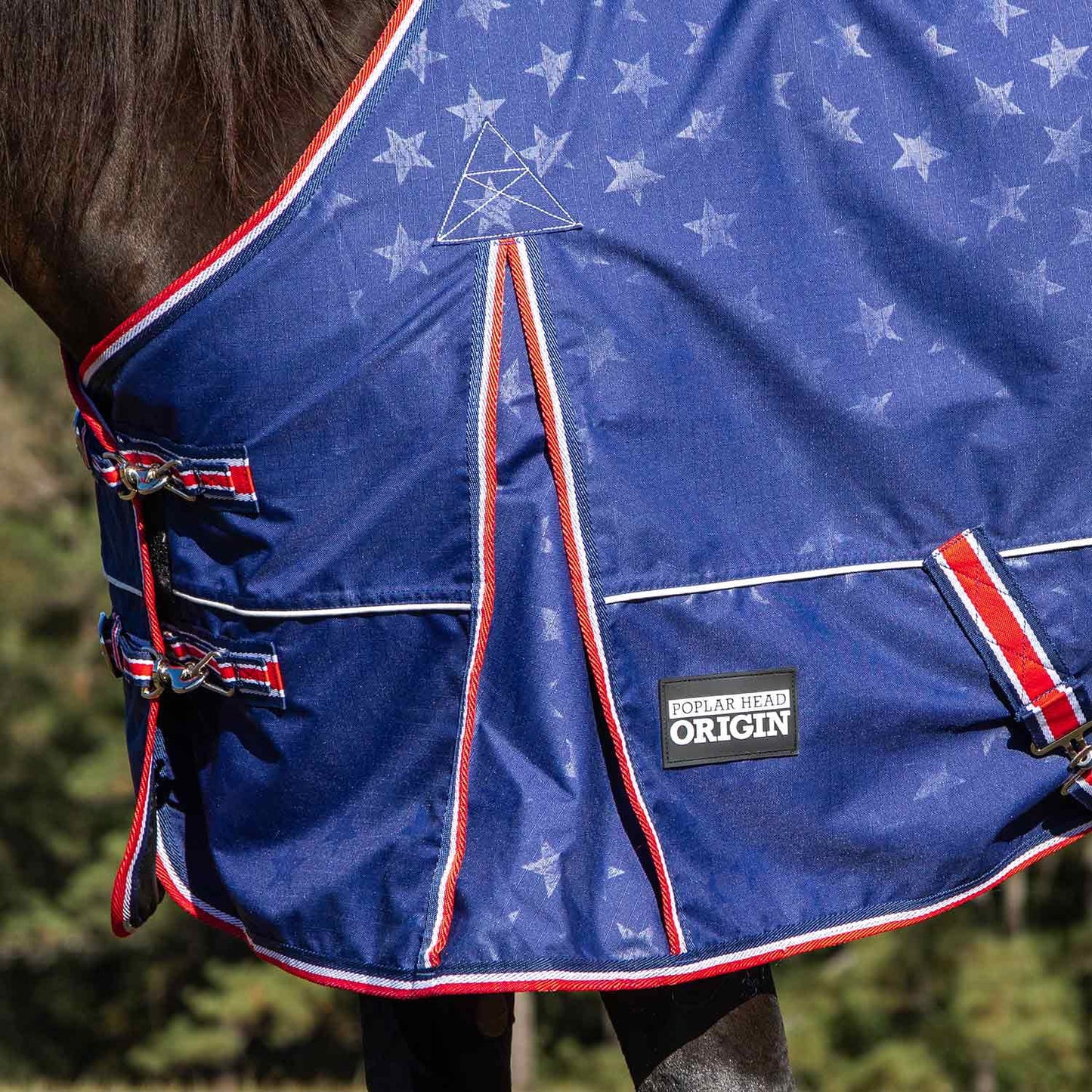 Jeffers Poplar Head Origin 600 Denier Turnout Blanket | 240 Gram Polyfill | Waterproof, Breathable, Horse Blanket for Cold Weather | Navy with Star Print, Adjustable Straps, Fits 72"