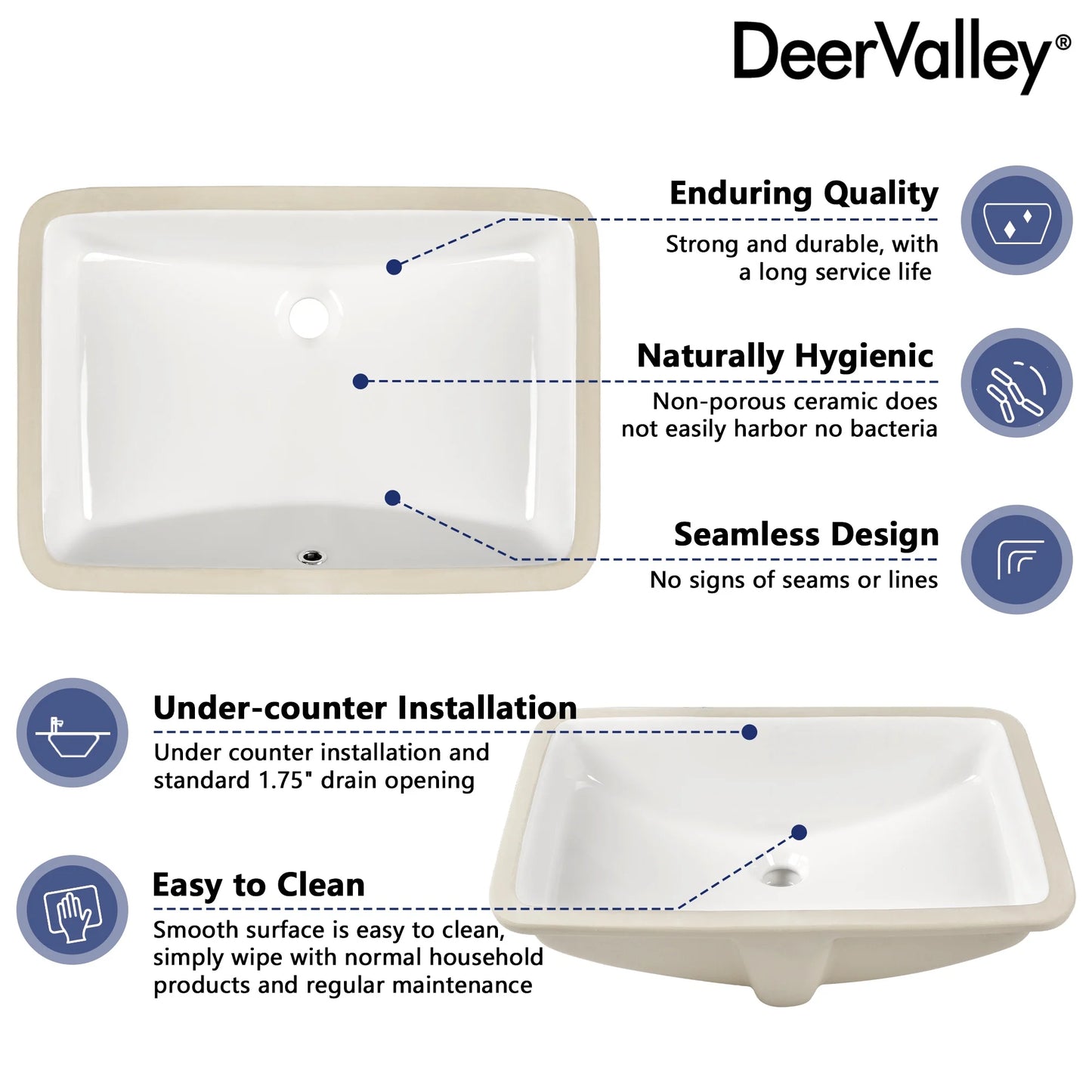 DV-1U0208 DeerValley 24" x 17" White Ceramic Rectangular Undermount Bathroom Sink with Overflow