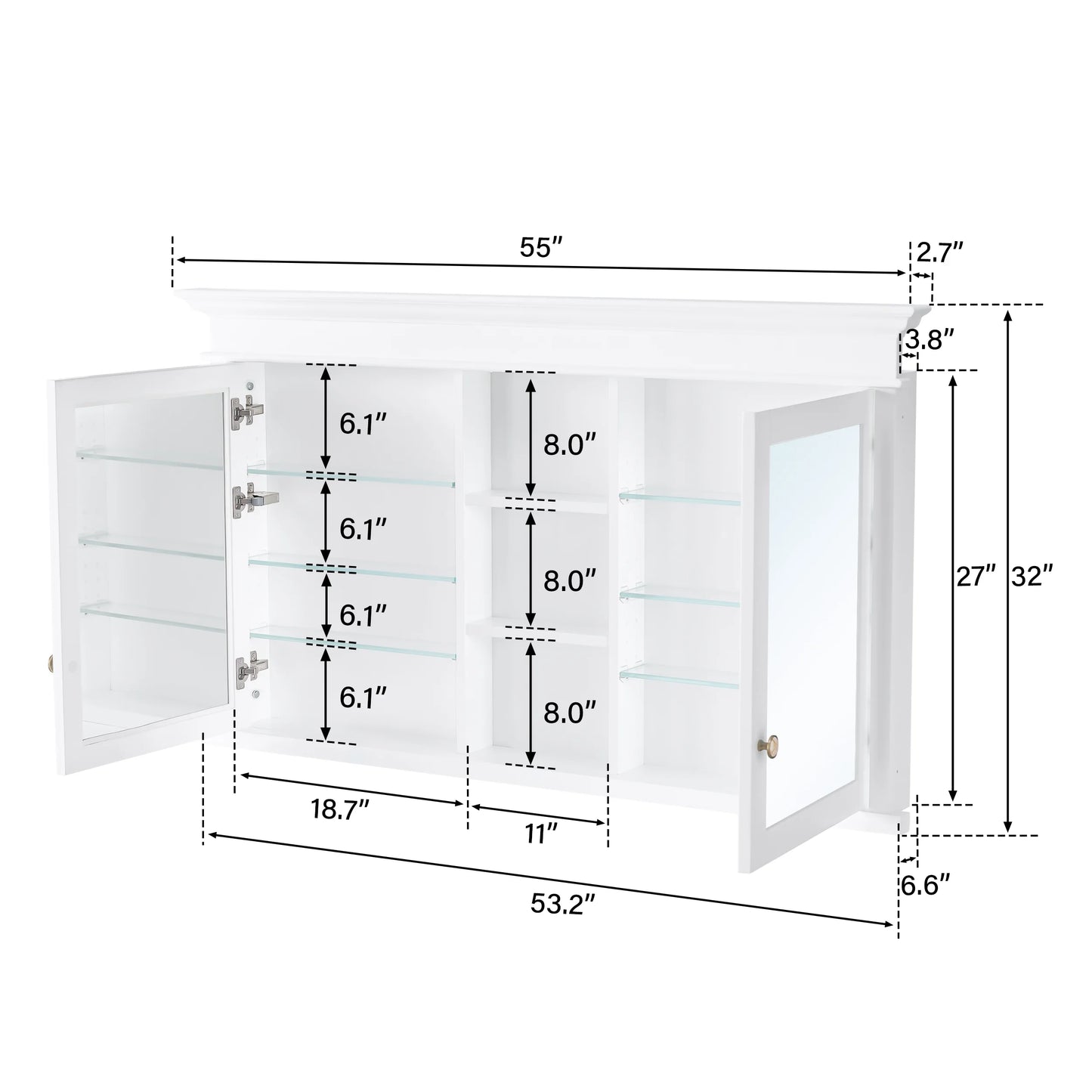 FORCLOVER 55"x 32" Bathroom Medicine Cabinet with 6 Adjustable Shelves, Recessed Mount Wooden Medicine Cabinet Storage with Mirrors and Soft-Close Door, White