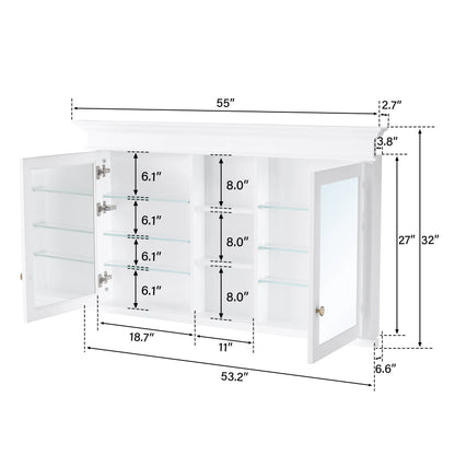 FORCLOVER 55"x 32" Bathroom Medicine Cabinet with 6 Adjustable Shelves, Recessed Mount Wooden Medicine Cabinet Storage with Mirrors and Soft-Close Door, White