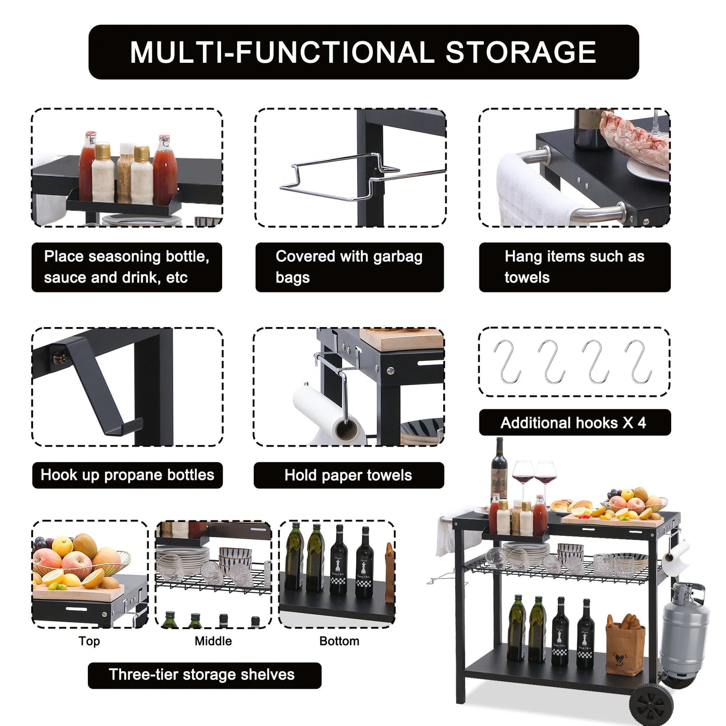 Grill Cart, Pizza Oven Stand, Outdoor bbq Prep Station with Storage, Wheel, Hook, Handle, Black Steel Tabletop, Garbage Bag Holder, Paper Towel Holder, Movable Spice Rack