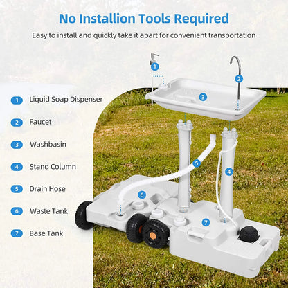 Portable Sink Camping 30 L with Rolling Wheels, Hand Washing Station with 30 L Sewage Tank, Rolling Wheels, Soap Dispenser, Towel Holder, Ideal for Outdoor, White