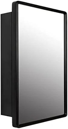 Farmhouse Medicine Cabinet Mirror with Wood Frame - Recessed & Wall Mount Bathroom Storage, 3 Shelves, 16x24 Inch (Black)