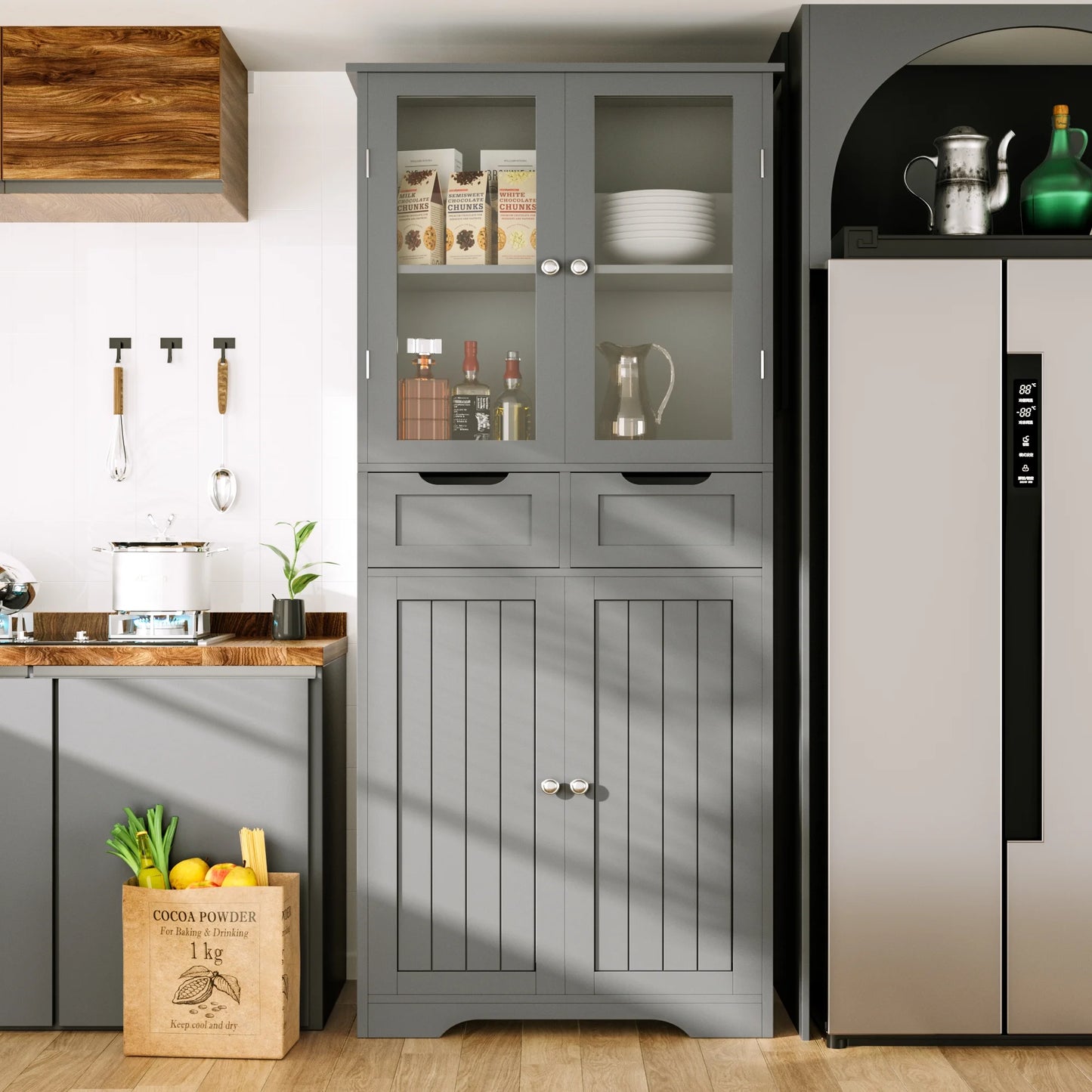 Joywind Gray Freestanding Bathroom Storage Cabinet with Glass Doors - 67" Tall Linen Organizer with 2 Drawers & Adjustable Shelves, for Bathroom, Kitchen, Living Room, Office Storage