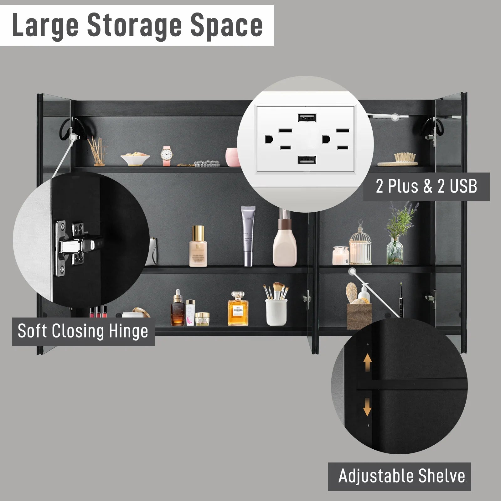 Ktaxon 48"x28" LED Bathroom Mirror Cabinet with Lights, Wall-Mounted Medicine w/Defogger, Dimmable, Memory function, Outlets & USB, White