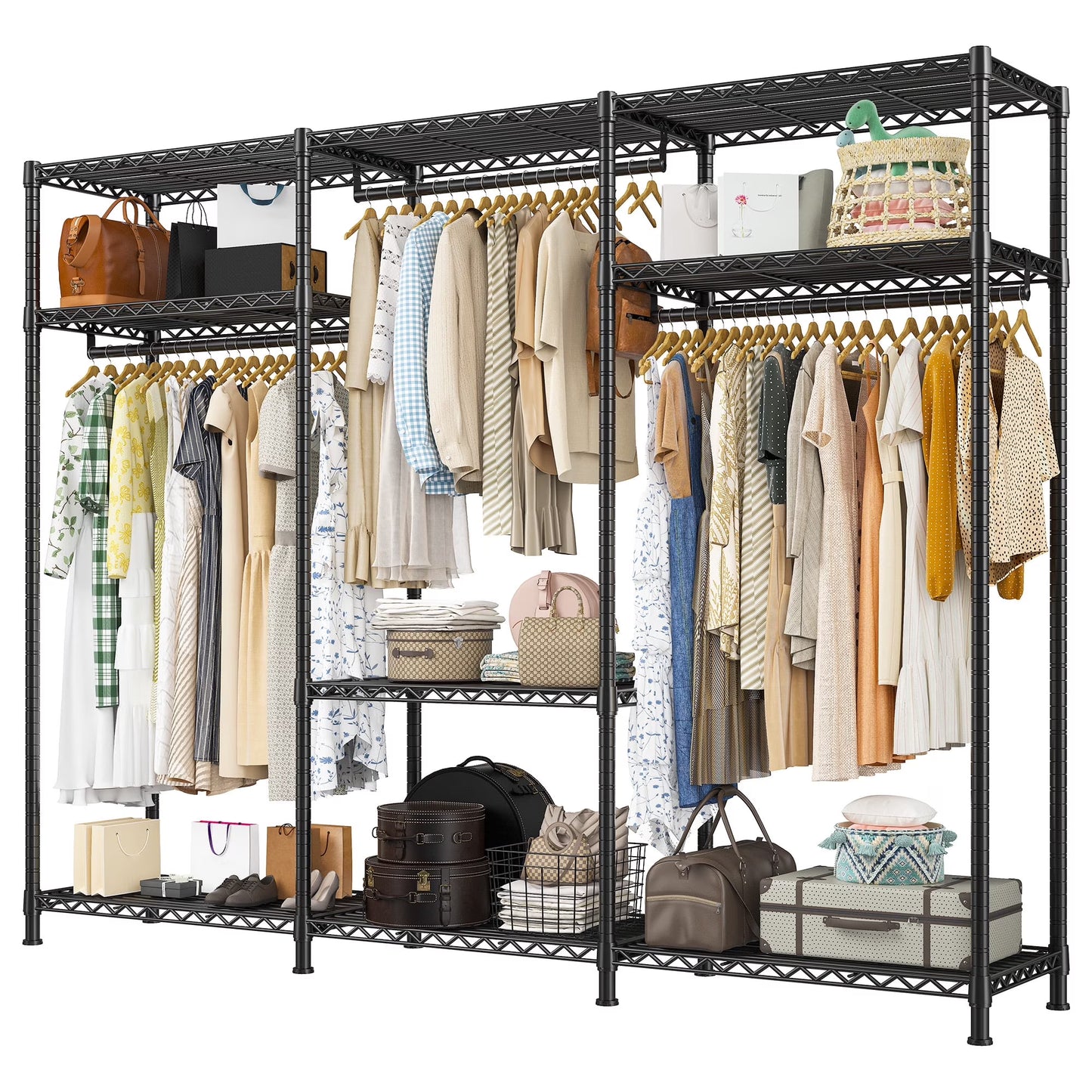 EnHomee Clothing Rack Portable Closet Organizer with 9 Shelves & 3 Rods,Heavy Duty Adjustable Wardrobe Rack 795 LBS CapacityBlack