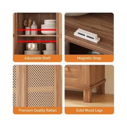 Kitchen Pantry Storage Cabinet with 2 Rattan Doors and 2 Adjustable Shelves, 64" Tall Farmhouse Food Pantries Cabinet for Living Room, Dining Room, Bathroom