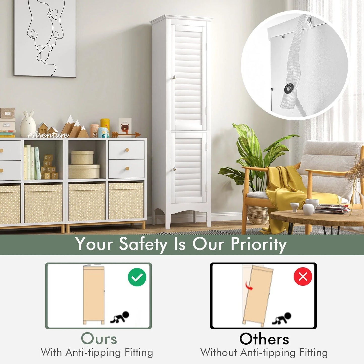 Vicamelia Bathroom Floor Cabinet Narrow Linen Tower w/2 Doors & Adjustable Shelf, Tall Kitchen Pantry Cabinet, White