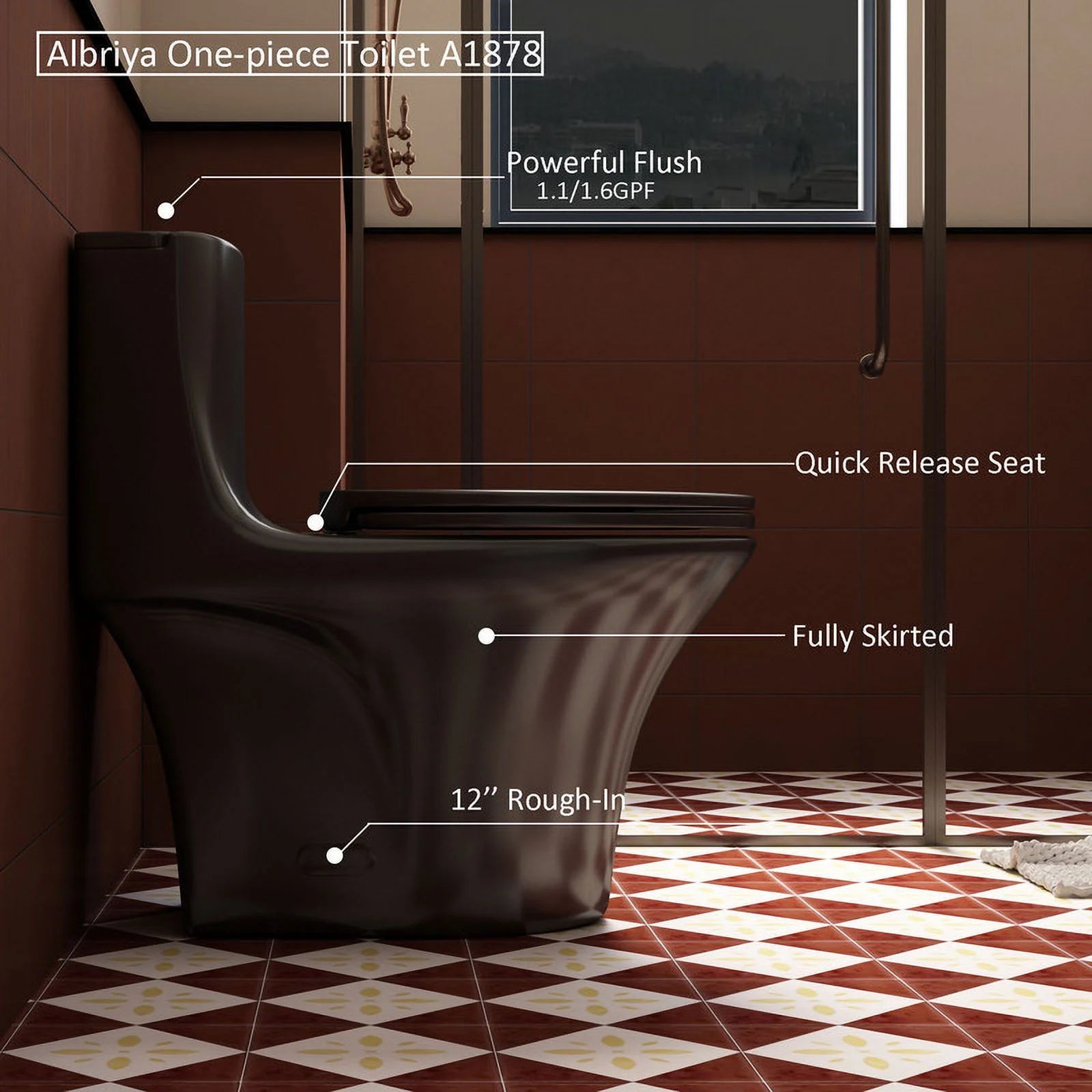 Albriya A1878 Modern One Piece Toilet, Standard Bathroom Toilet Power Dual Flush 1.1/1.6 GPF with Comfortable Seat ADA Height 16 1/2’ 12’Rough-In, MaP 1000g, Glossy White