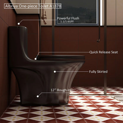 Albriya A1878 Modern One Piece Toilet, Standard Bathroom Toilet Power Dual Flush 1.1/1.6 GPF with Comfortable Seat ADA Height 16 1/2’ 12’Rough-In, MaP 1000g, Glossy White