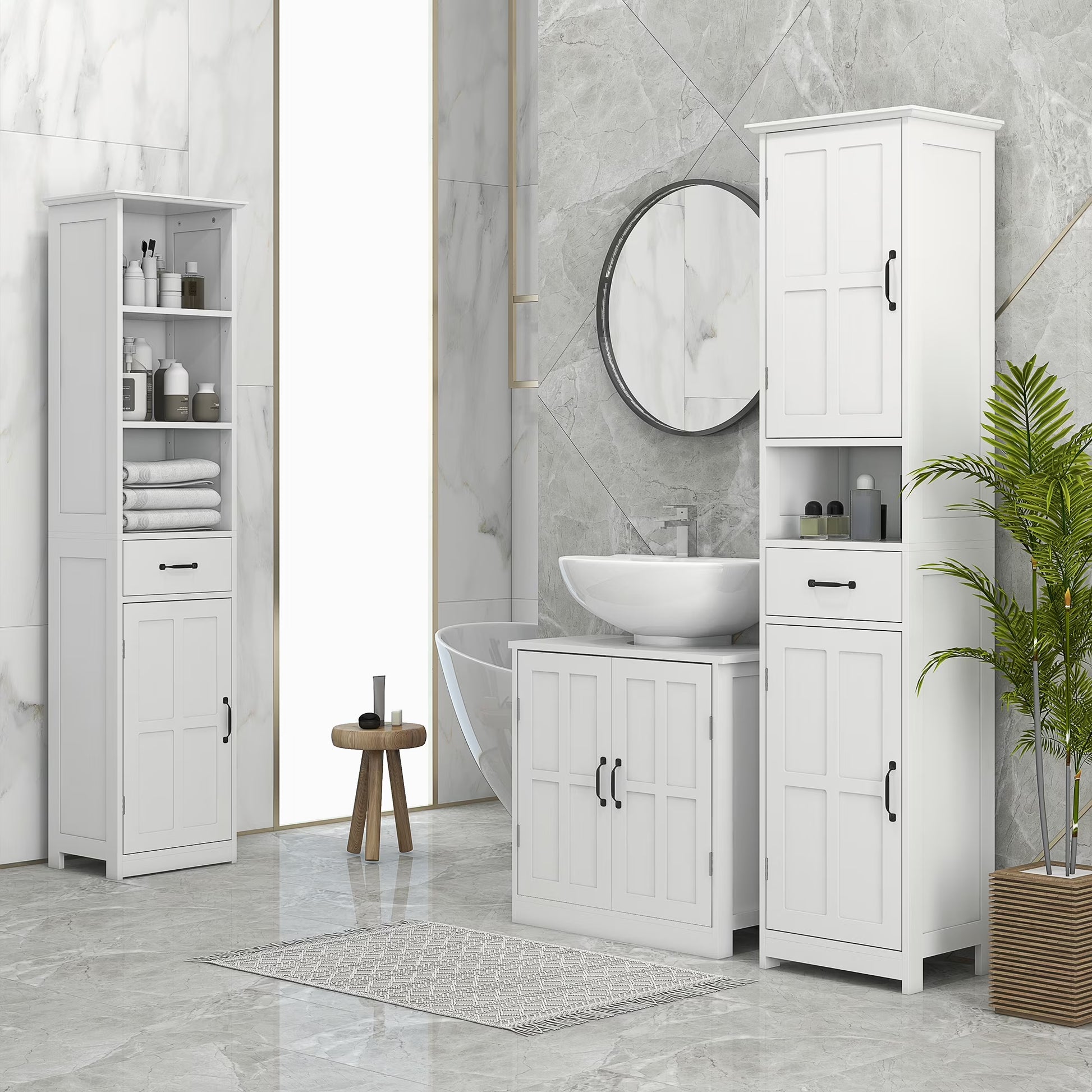 kleankin Slim Bathroom Storage Cabinet, Tall Bathroom Cabinet, Linen Tower with Open Shelf, Drawer, Recessed Doors, and Adjustable Shelves, White