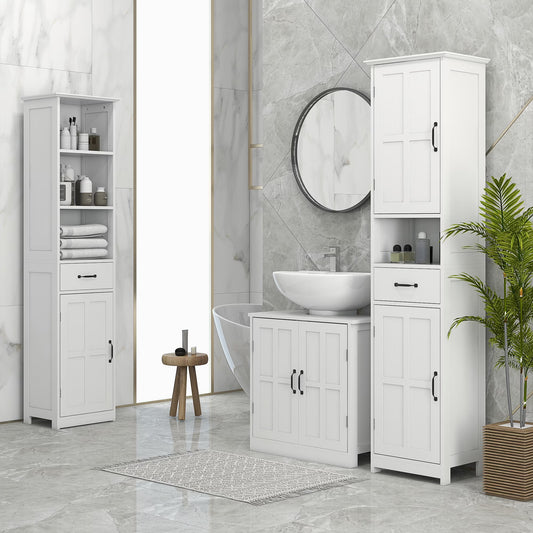 kleankin Slim Bathroom Storage Cabinet, Tall Bathroom Cabinet, Linen Tower with Open Shelf, Drawer, Recessed Doors, and Adjustable Shelves, White