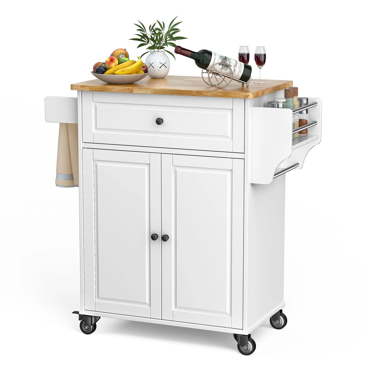 Kitchen Island with Storage on Wheels, Microwave Cart with Spice Rack, Towel Rack & Drawer, White