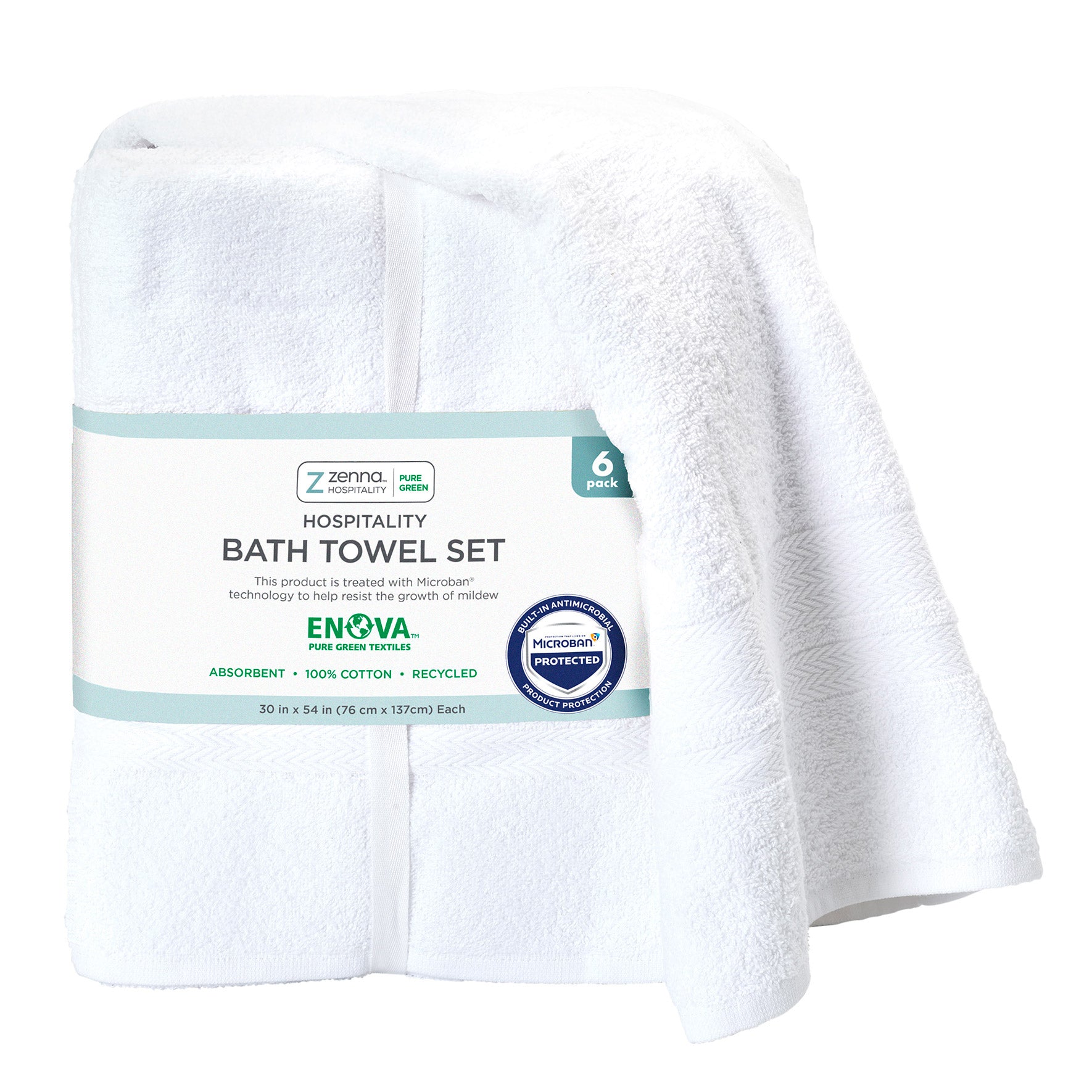 Enova Recycled Cotton Bath Towels for Hospitality and Home, White, Set of 6