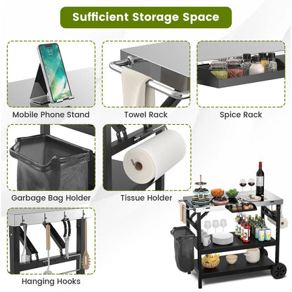 Topbuy Outdoor Food Prep Cart Table 3-tier Mobile Serving Trolley with Adjustable Shelf Phone Stand Spice Rack Towel Rack Garage Rack